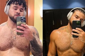 Two side by side pictures of a shirtless Cory Wharton