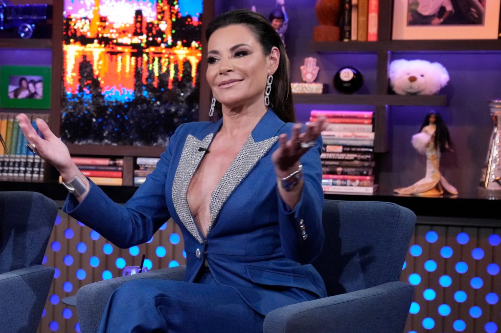 Luann de Lesseps in a blue suit on Watch What Happens Live